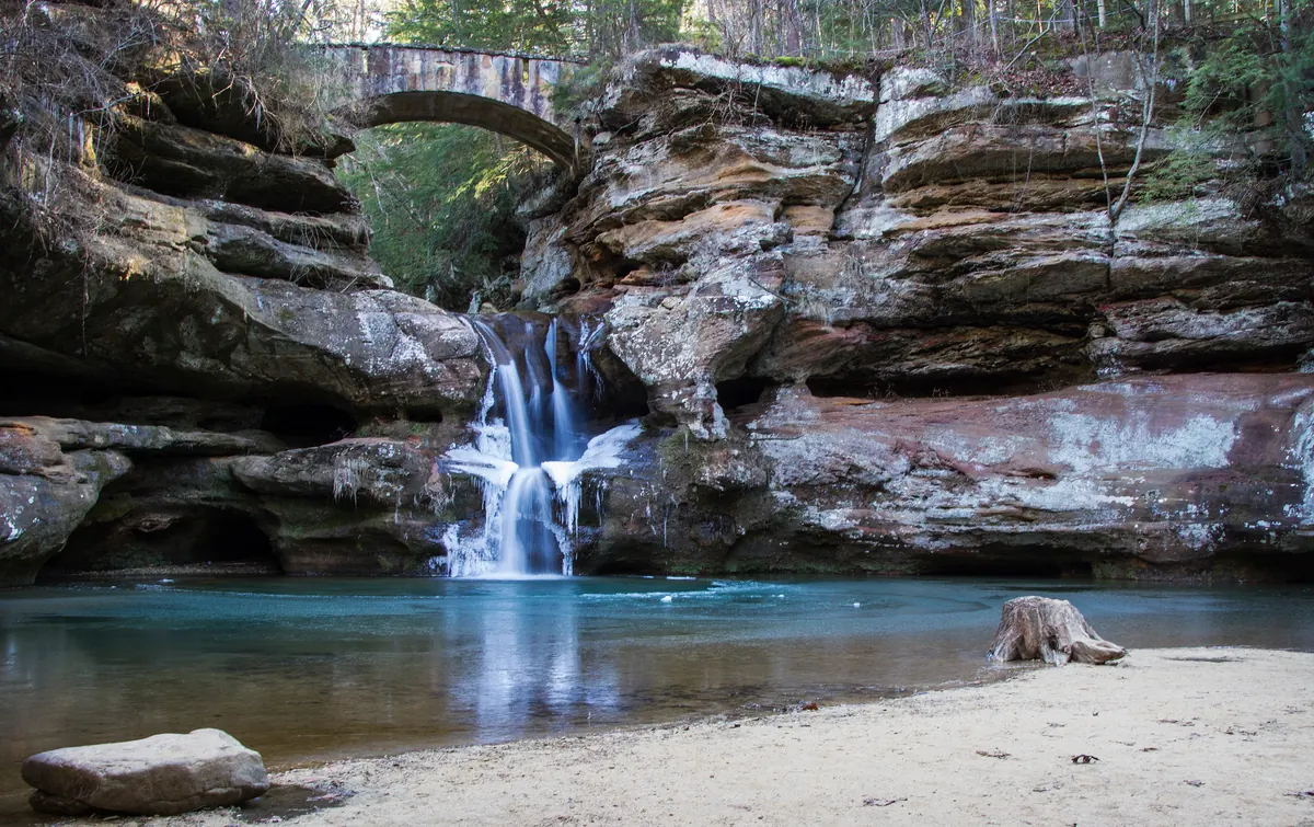 Upper Falls below a stone bridge at Old Man’s Cave in Hocking Hills State Park